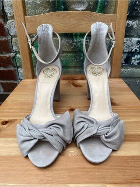 Vince Camuto Knotted Ankle-Strap Heeled Sandals in Light Gray